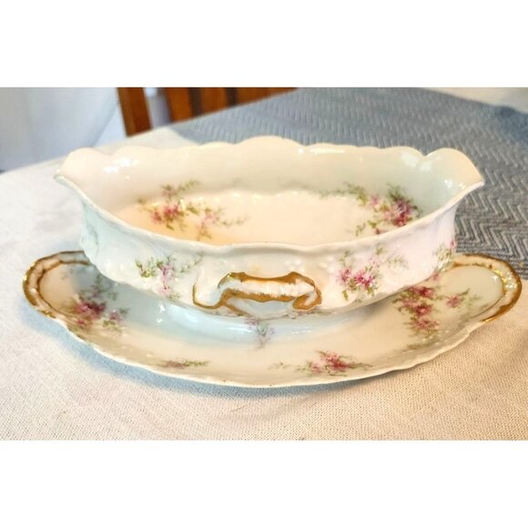 Theodore Haviland Limoges Gravy Boat & Underplate Set Floral Pattern Porcelain V - Picture 1 of 8